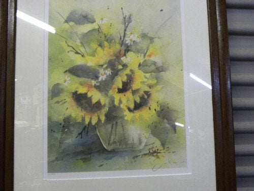 aquarell zonnebloemen bruine lijst, Ophalen of Verzenden, 'T Olde Gre-j, Info@toldegrej.nl, Endepoelstraat 20f Didam