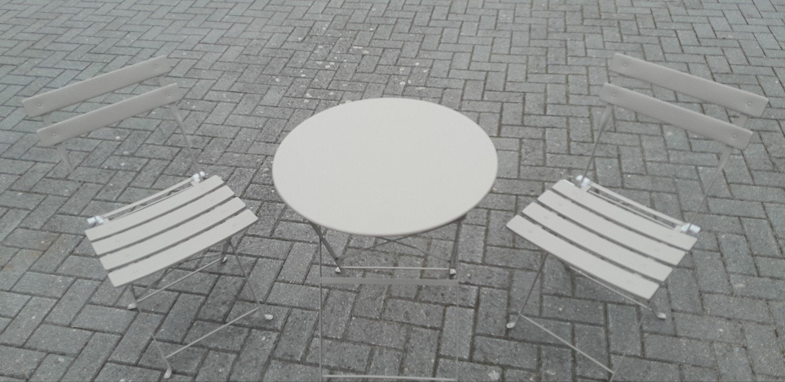Bistrotafel met 2 stoelen - Crème, Ophalen of Verzenden, Gebruikt, Rond, Metaal