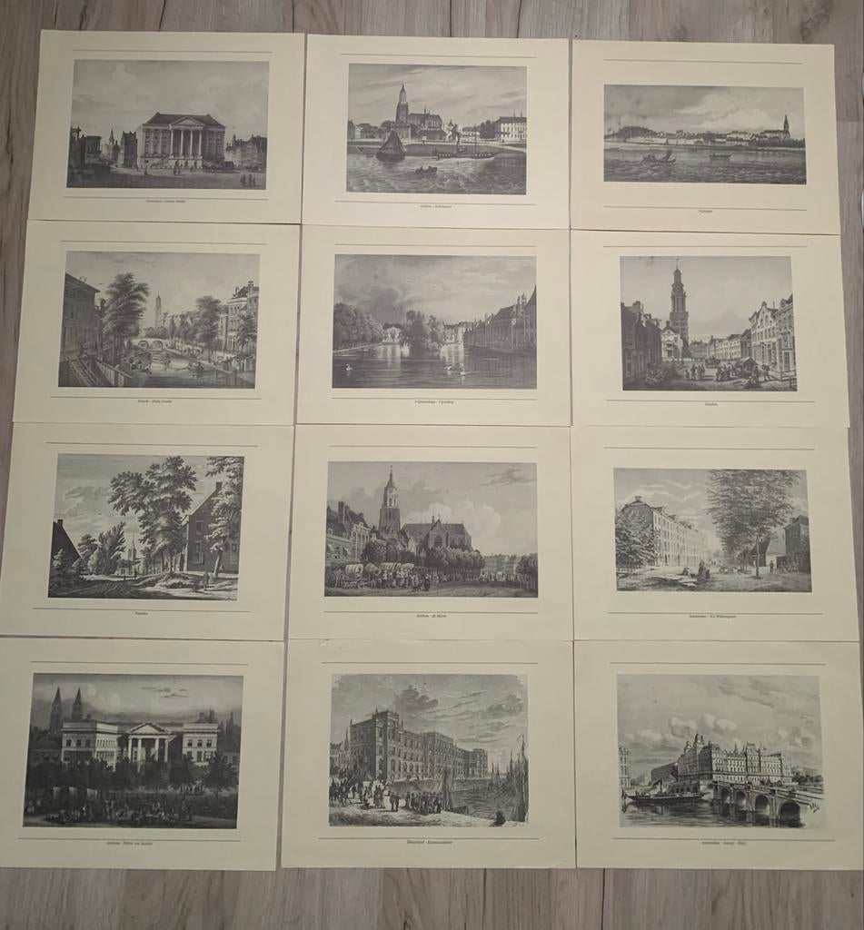 Zwartwit Gravures van Nederlandse Steden - Set van 12, Antiek en Kunst, Kunst | Etsen en Gravures, Met tekst, Stadsgezicht, Ophalen of Verzenden