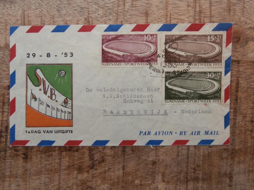 SURINAME 1953; FDC E-2 STADIONSERIE, Verzenden, Beschreven, Nederland