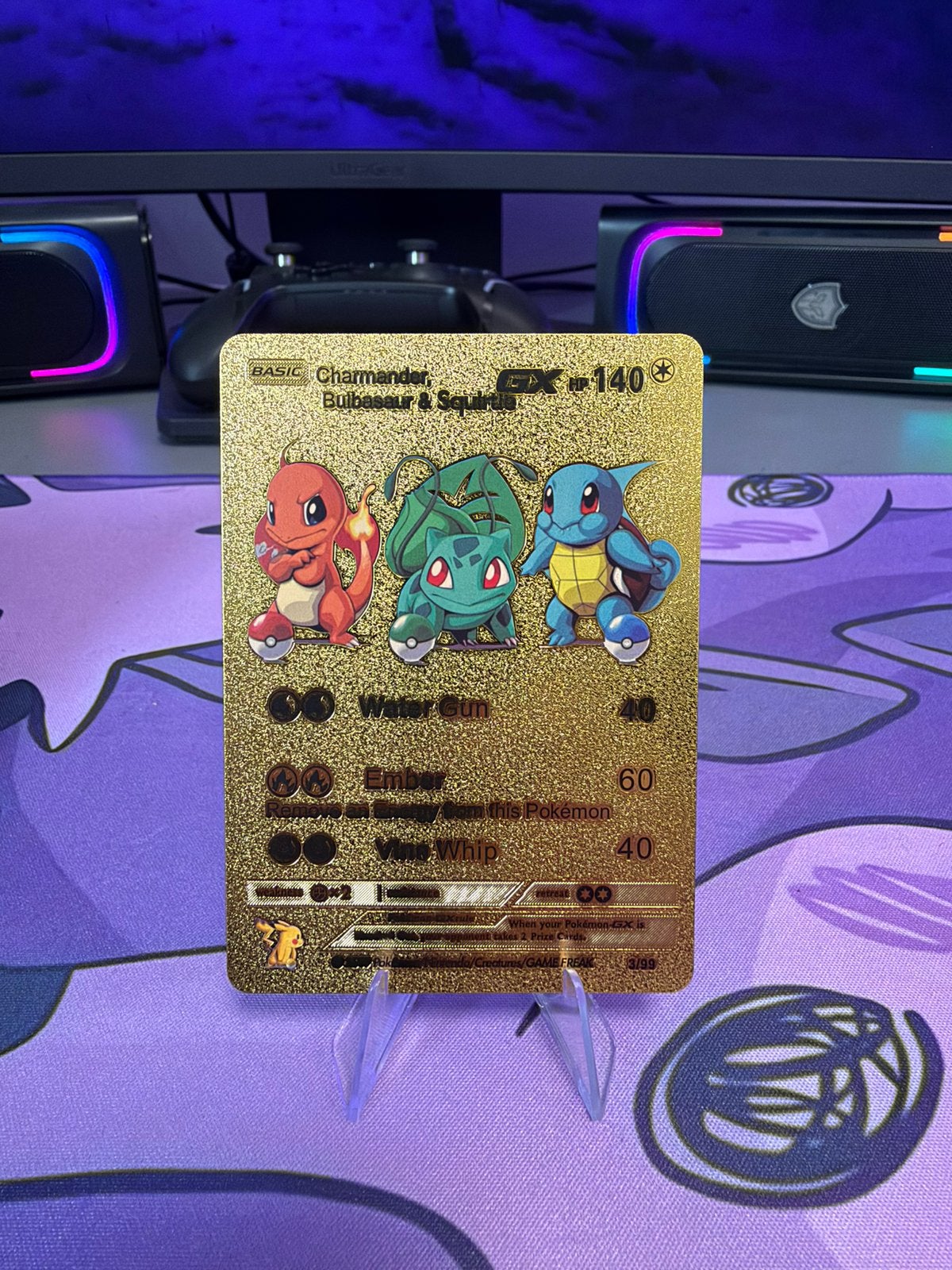 Charmander Bulbasaur & Squirtle GX 3/99 Gouden pokemon kaart, Ophalen, Zo goed als nieuw