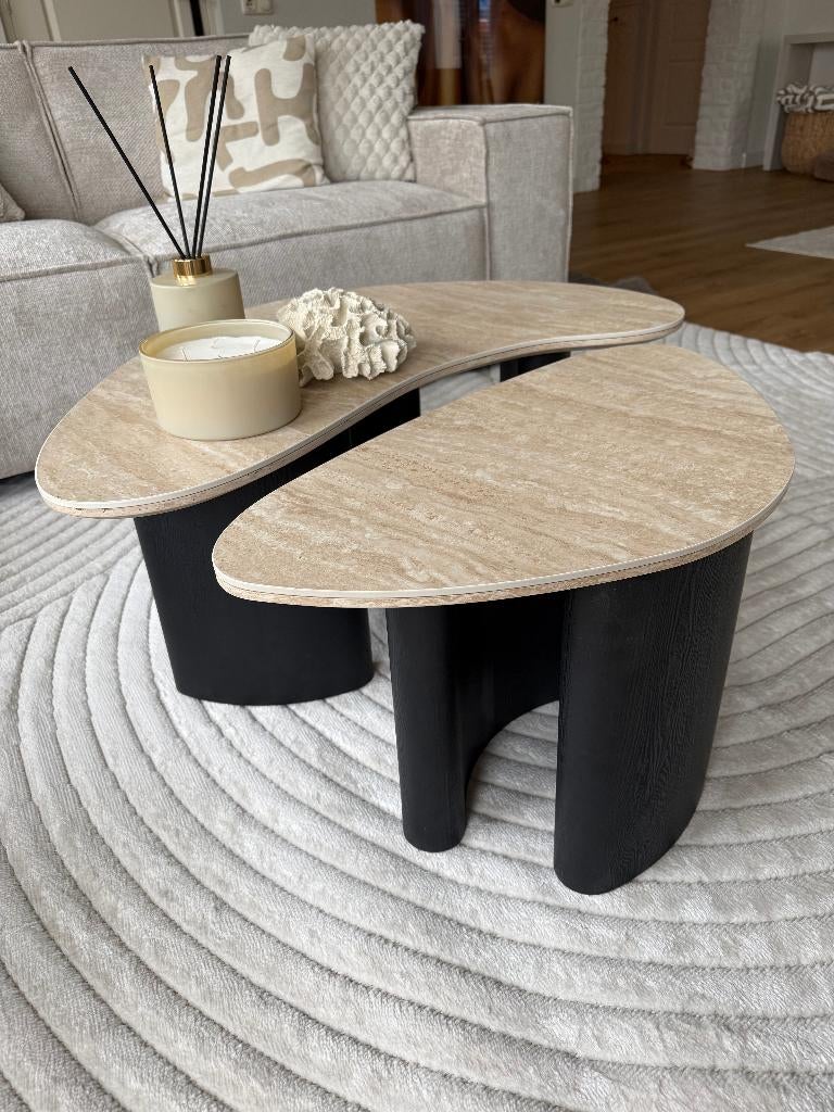 Nieuwe salontafel set met travertin blad., Huis en Inrichting, Tafels | Salontafels, Ophalen, Minder dan 50 cm, 50 tot 100 cm