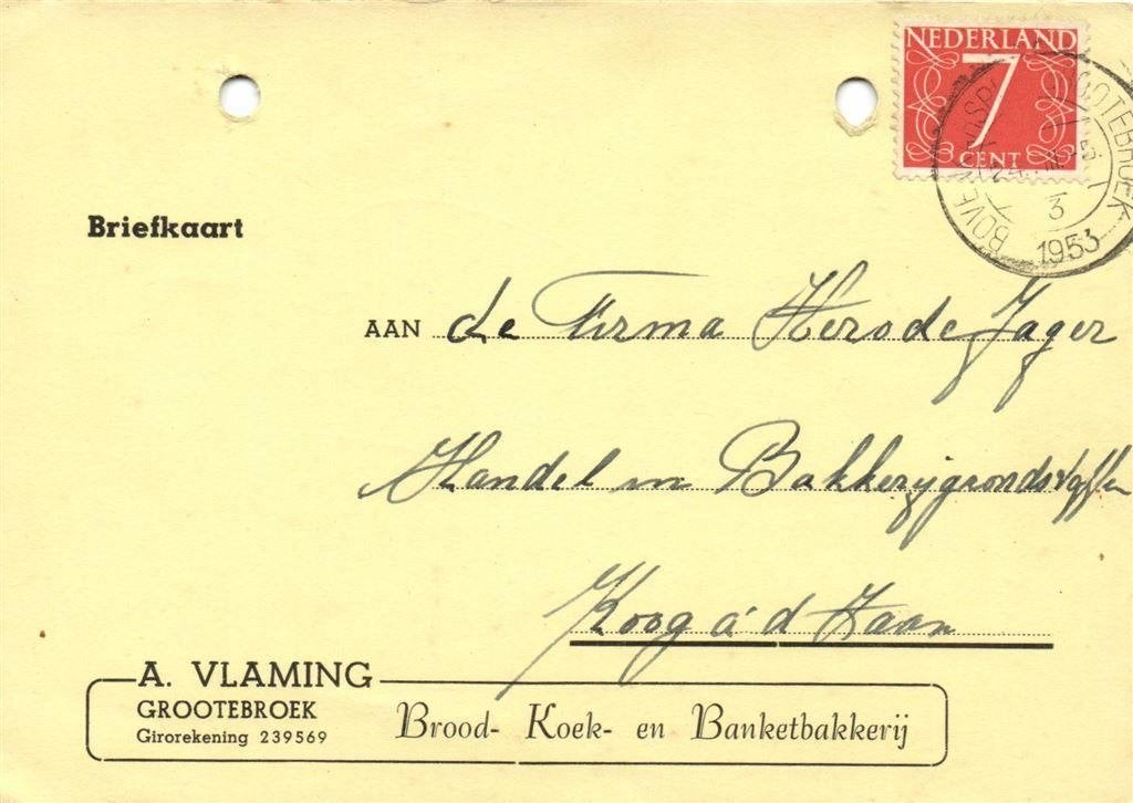 A. Vlaming, Grootebroek - 08.1953 - briefkaart, Ophalen of Verzenden, Briefkaart