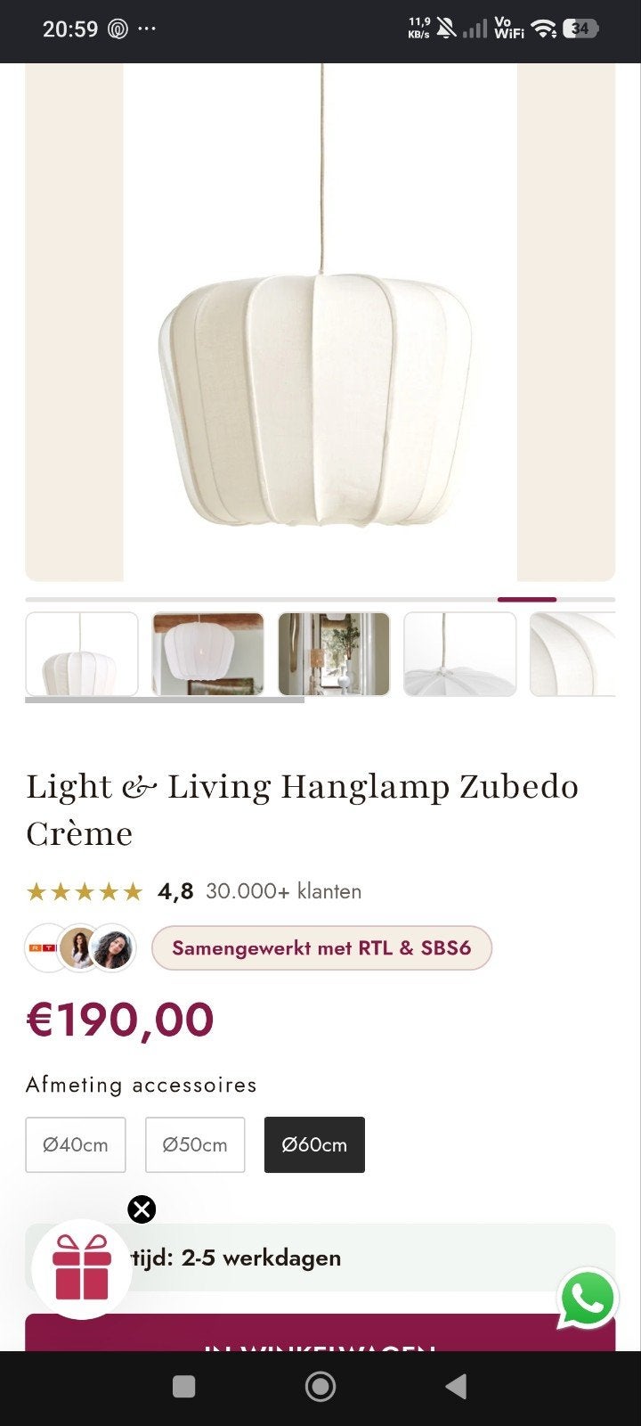 Light & Living Hanglamp Zubedo Crème Ø60cm, Metaal, Nieuw, Overige fittingen, Ophalen of Verzenden