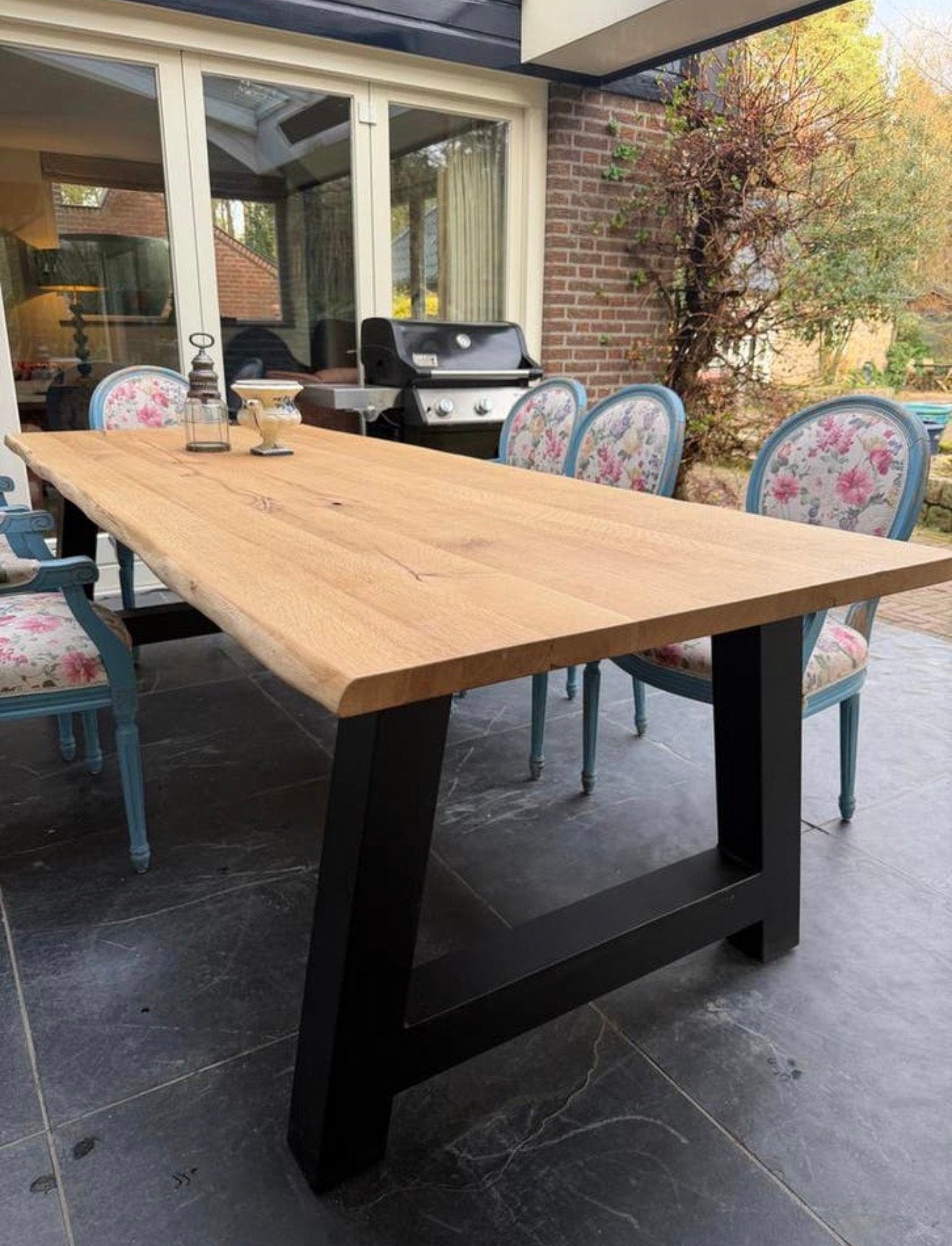 Eiken houten tafel 250 cm lang en 100 cm breed, Tuin en Terras, Tuintafels, Ophalen, Zo goed als nieuw, Rechthoekig, Hout