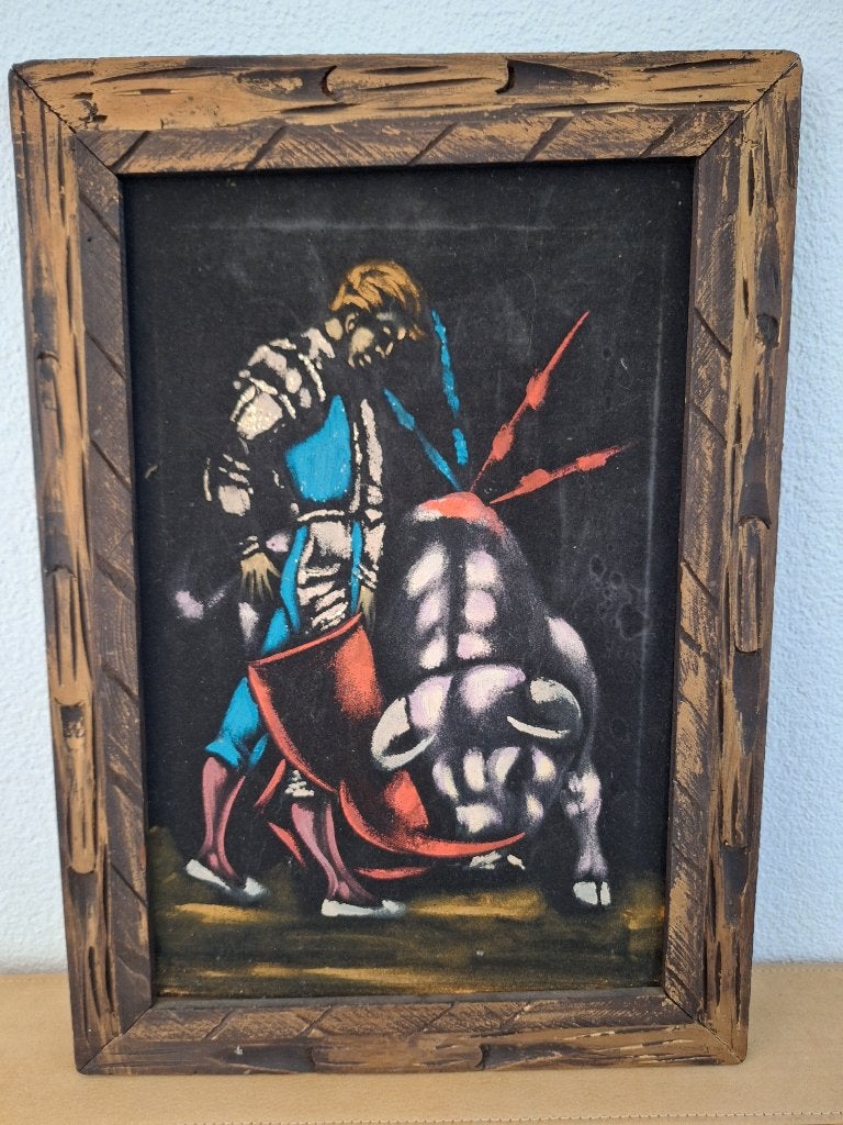 Vintage fluwelen schilderij stierengevecht - 40x55 cm, Antiek en Kunst, Ophalen, Overige ondergronden, Olieverf, Overige onderwerpen
