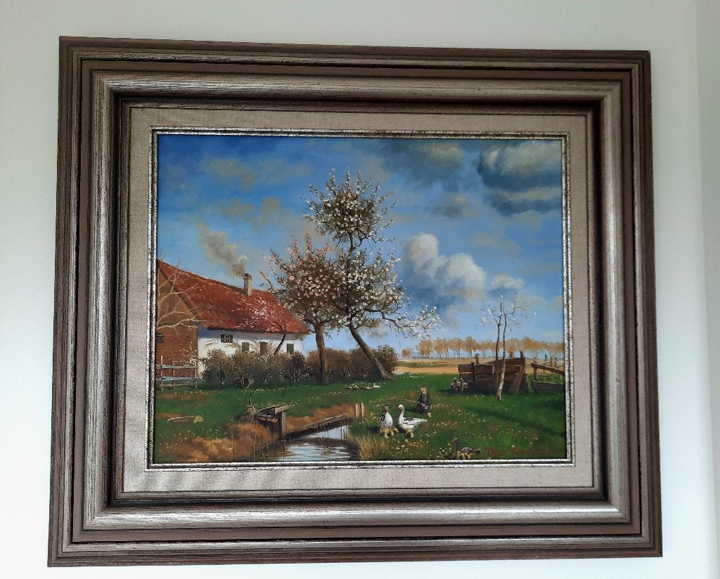 Idyllisch Boerderijlandschap met Bloesem en Eenden, Ingelijst, Doek, Realistisch, Ophalen of Verzenden