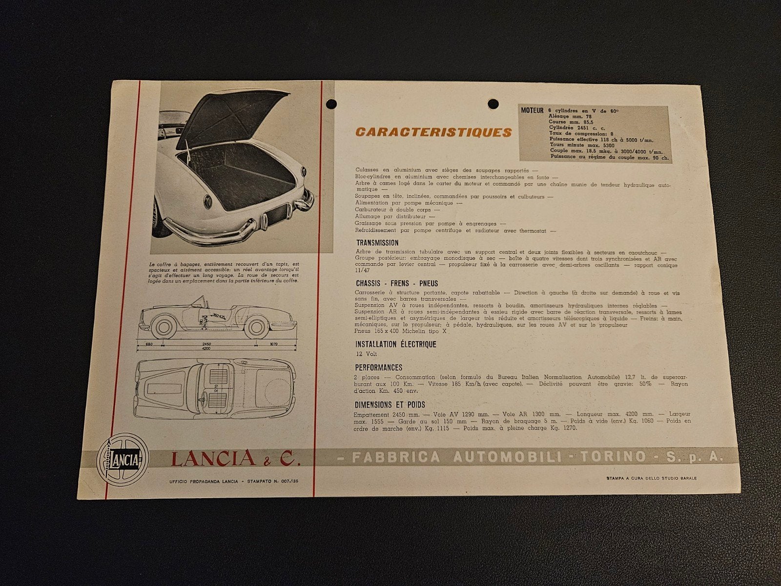 Brochure Lancia Aurelia Spider GT 2500, Ophalen of Verzenden, Zo goed als nieuw, Overige merken