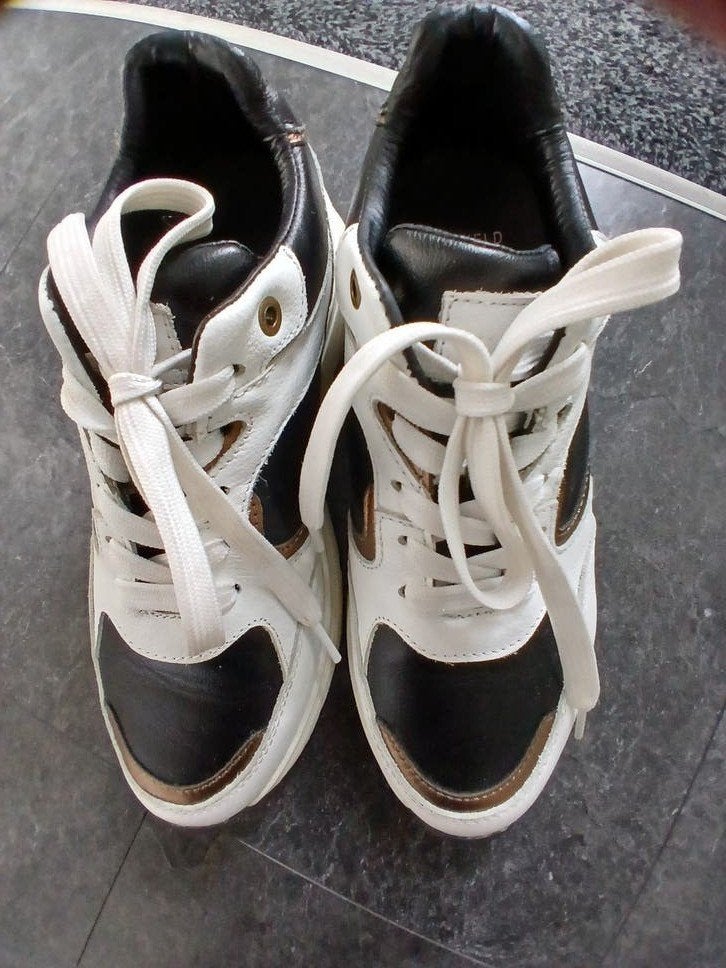 Manfield Leren Sneakers Dames Maat 37 - Zo goed als nieuw, Zwart, Ophalen of Verzenden, Manfield, Sneakers of Gympen