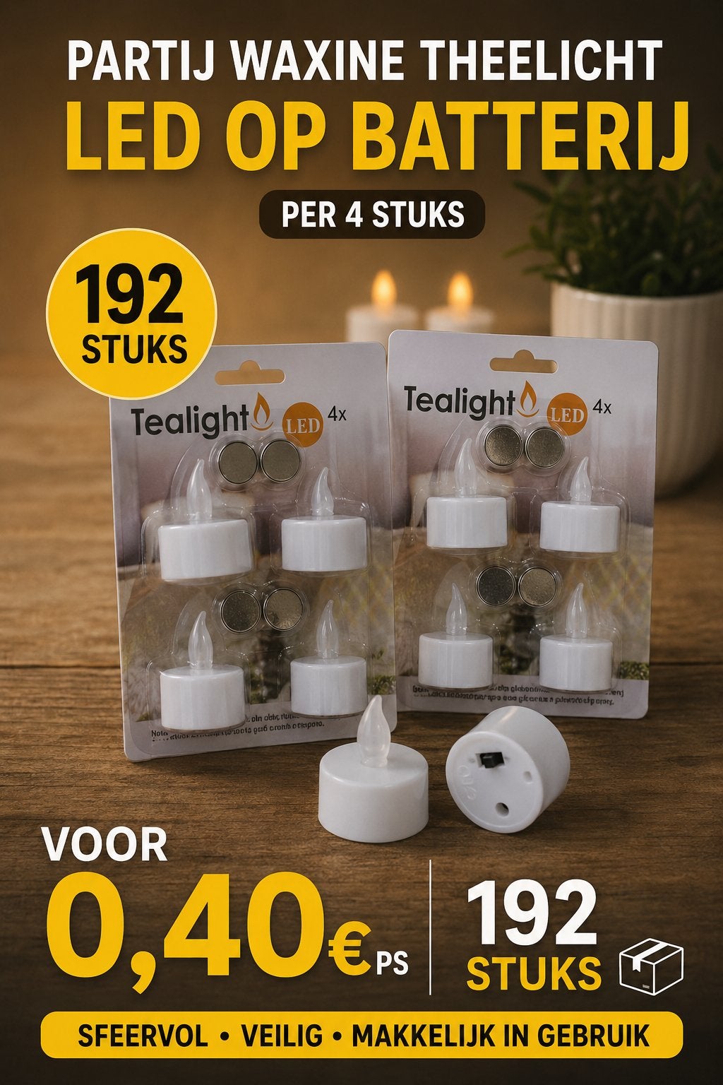 Partij Waxine Theelicht LED op Batterij - 192 Stuks, Kunststof, Wit, Nieuw, Ophalen of Verzenden