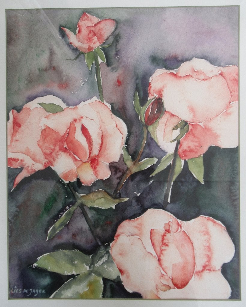 Lies de Jager: Roze rozen, aquarel, Stilleven, Ophalen of Verzenden, Papier, Origineel werk