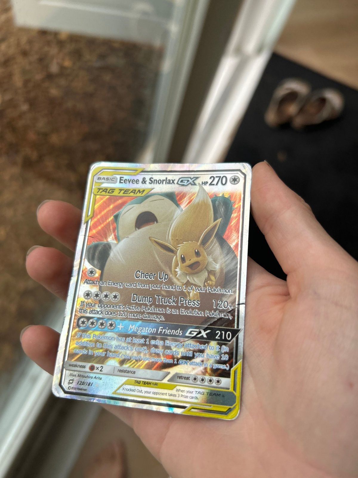 Pokémon Kaart Eevee & Snorlax GX - Lichte schade, Ophalen of Verzenden, Gebruikt, Losse kaart, Foil