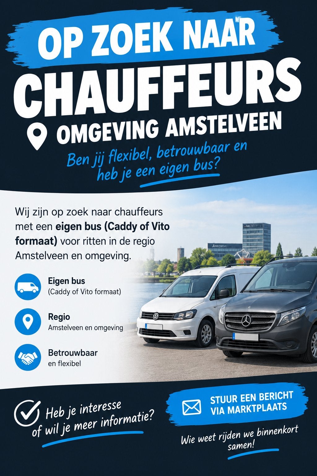 Zzp Koerier met eigen bus gezocht omgeving amstelveen, Overige vormen, Vanaf 1 jaar, LBO / VMBO, Geschikt als bijbaan