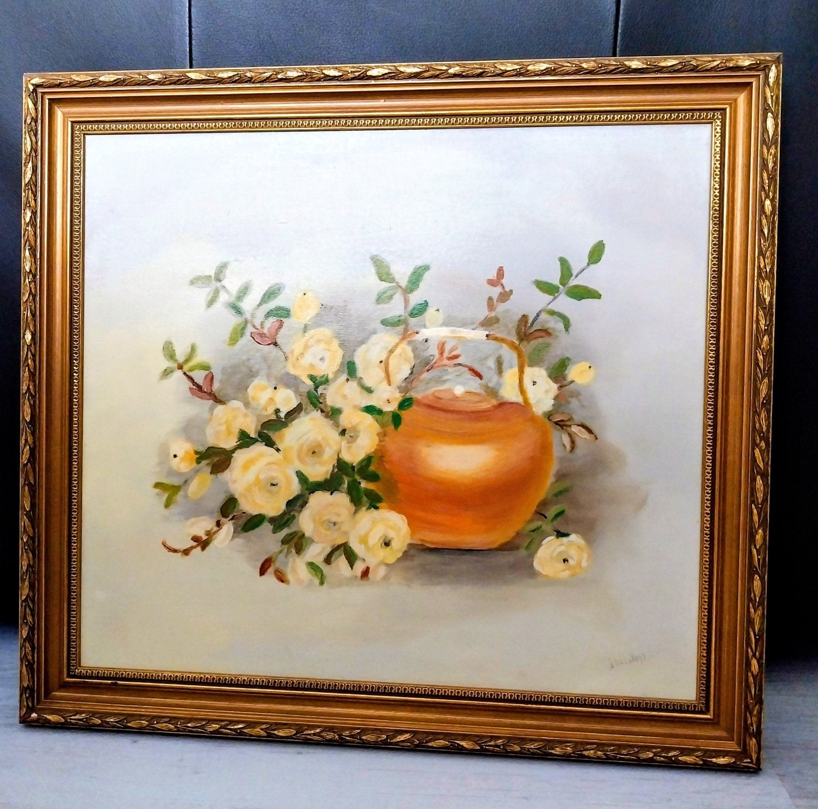Stilleven met theepot en bloemen, olieverf op doek, Ophalen of Verzenden