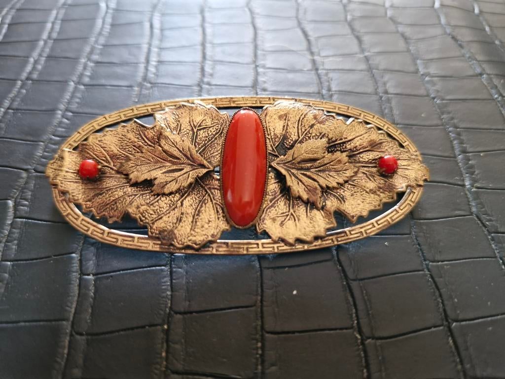 Antieke/Vintage Goud Vergulde Broche met Bloedkoraal, Ophalen, Overige materialen, Broche, Met edelsteen