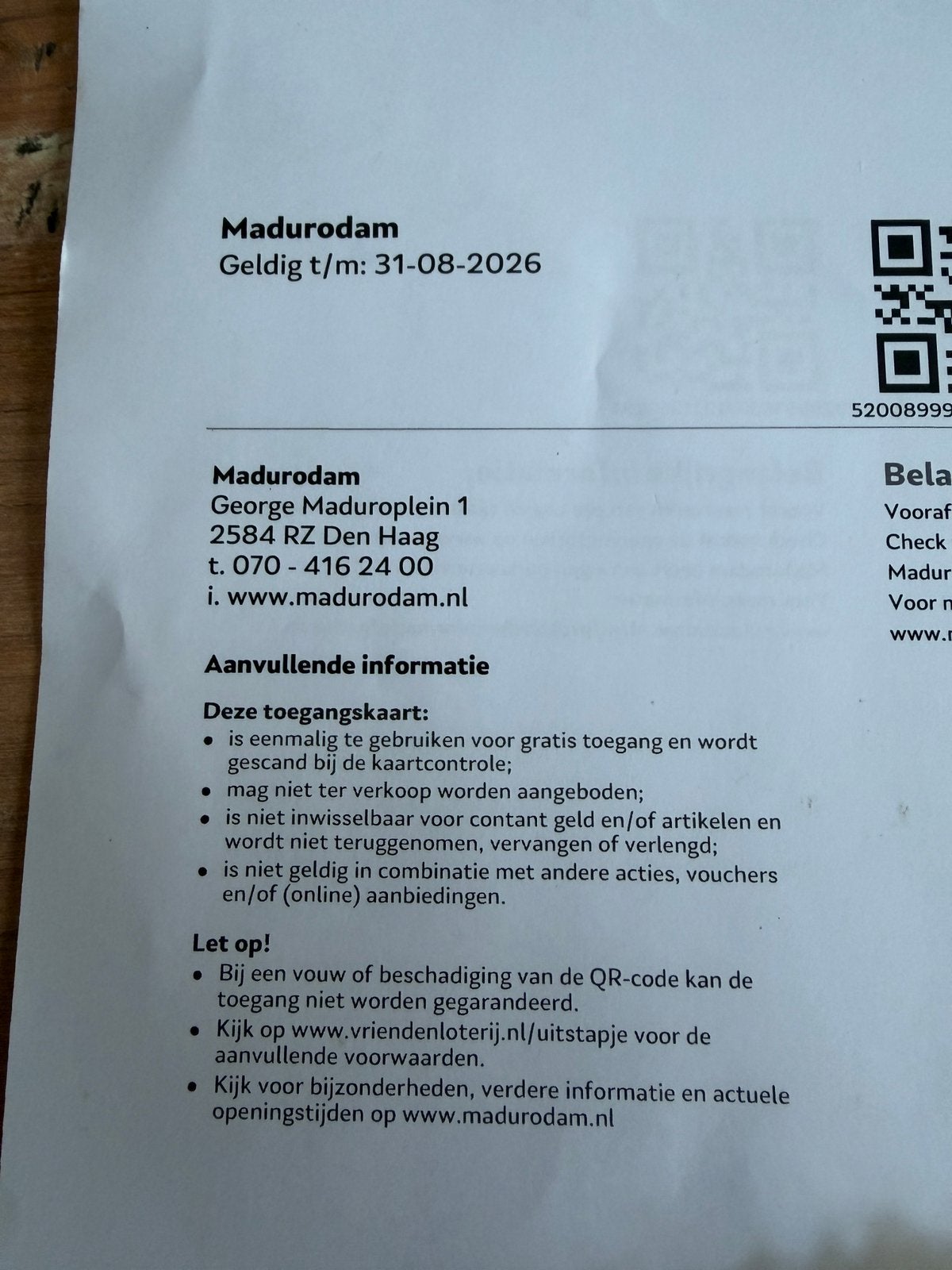 4 tickets Madurodam., Tickets en Kaartjes, Drie personen of meer, Ticket of Toegangskaart