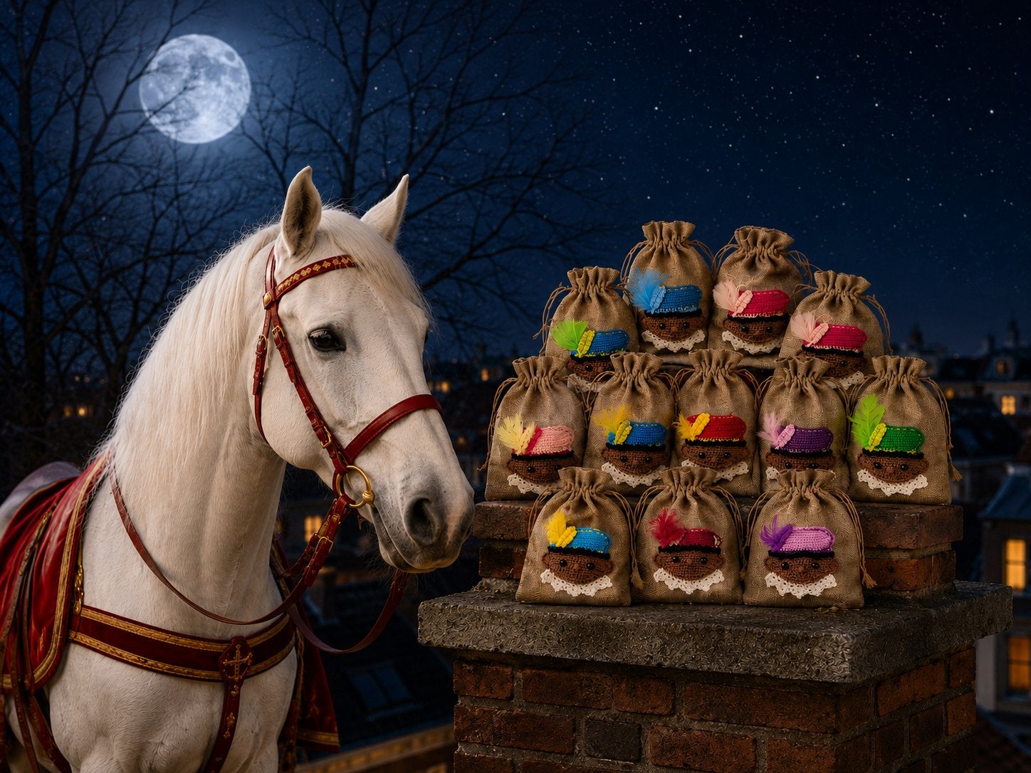 Sinterklaas kado traktatie jute zakjes met gehaakt pietje, Ophalen of Verzenden, Nieuw