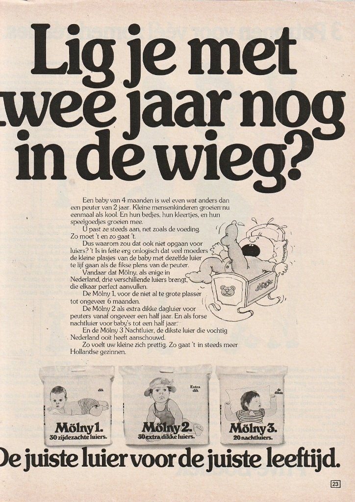 Retro reclame 1974 Mölny baby luiers ligt hij nog in de wieg, Verzenden, Overige typen