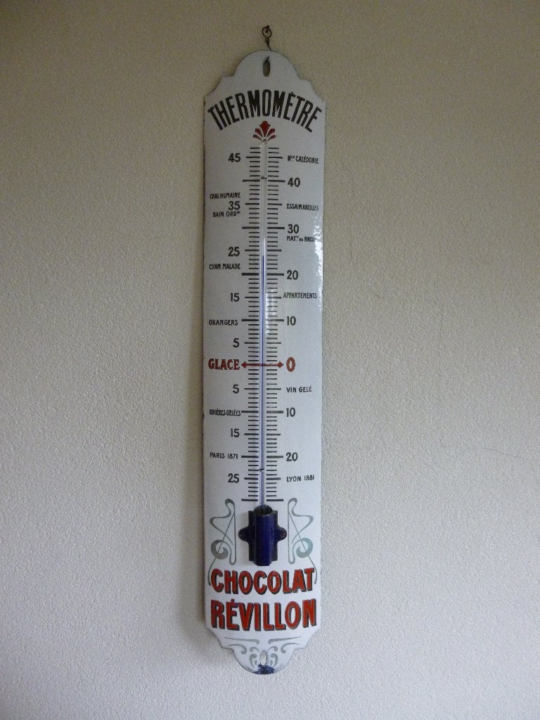 EMAILLE RECLAME THERMOMETER"CHOCOLAT REVILLON"UIT JAREN 30, Ophalen of Verzenden, Gebruikt, Reclamebord