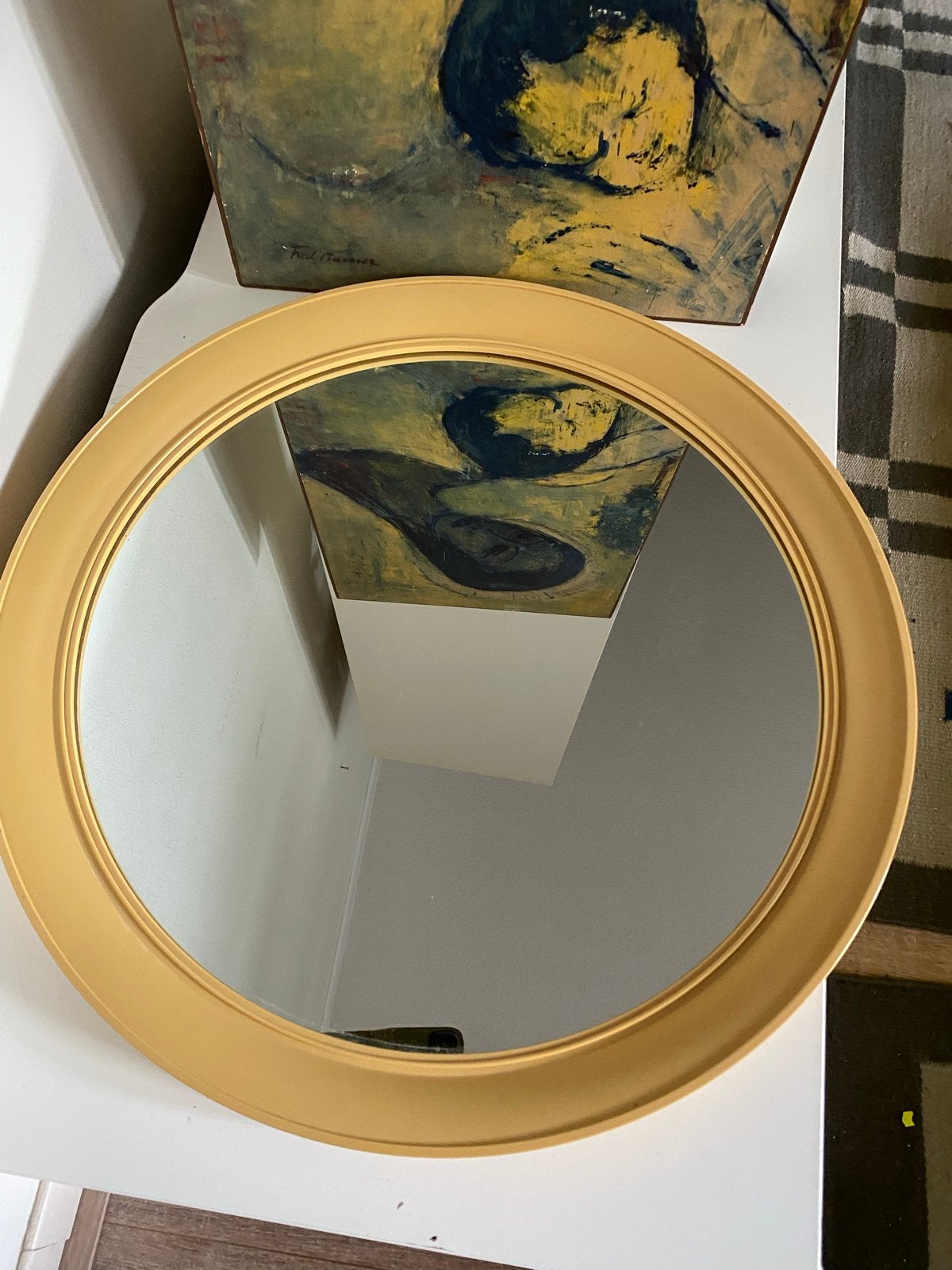 Vintage ronde spiegel met kunststof lijst, Ophalen of Verzenden, Rond, Minder dan 50 cm, Minder dan 100 cm