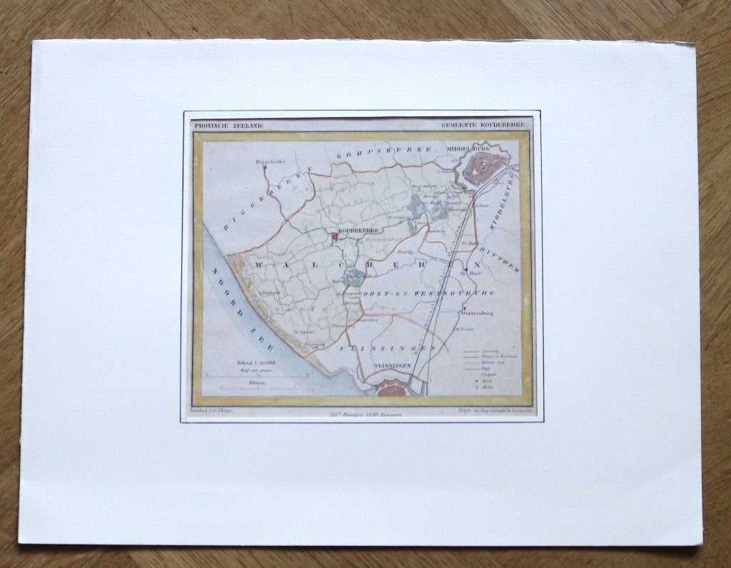 Antieke prent kaart Gemeente Koudekerke, Ophalen of Verzenden, 1800 tot 2000, Nederland, Landkaart