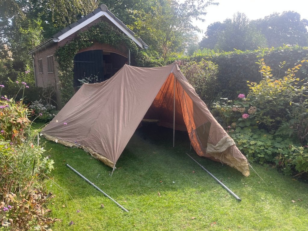 Vintage katoenen tent met luifel en binnentent, alu stokken, Caravans en Kamperen, Ophalen, Gebruikt