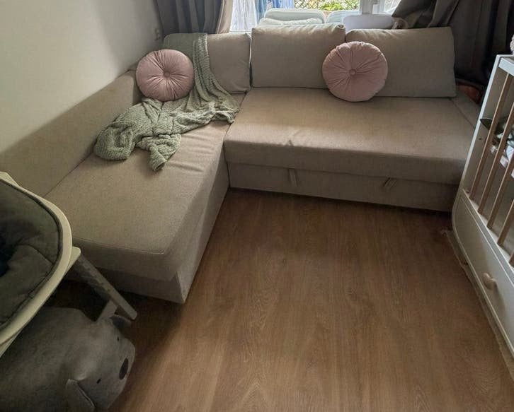 Hoekslaapbank IKEA Friheten beige met opbergruimte, Ophalen, Beige, Tweepersoons, 140 cm