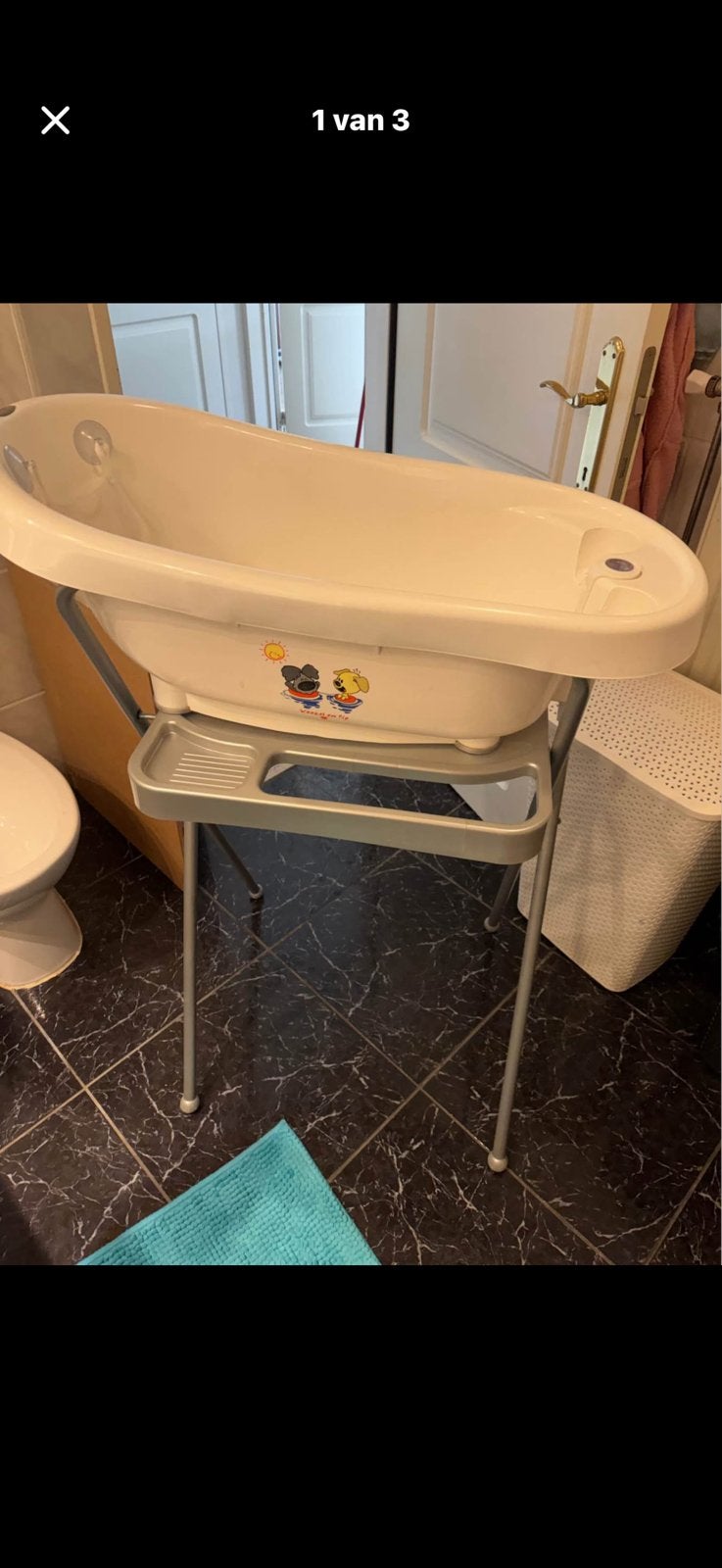 Bébé-jou babybadje met standaard en thermometer, Ophalen, Gebruikt, Badje, Bébé-jou
