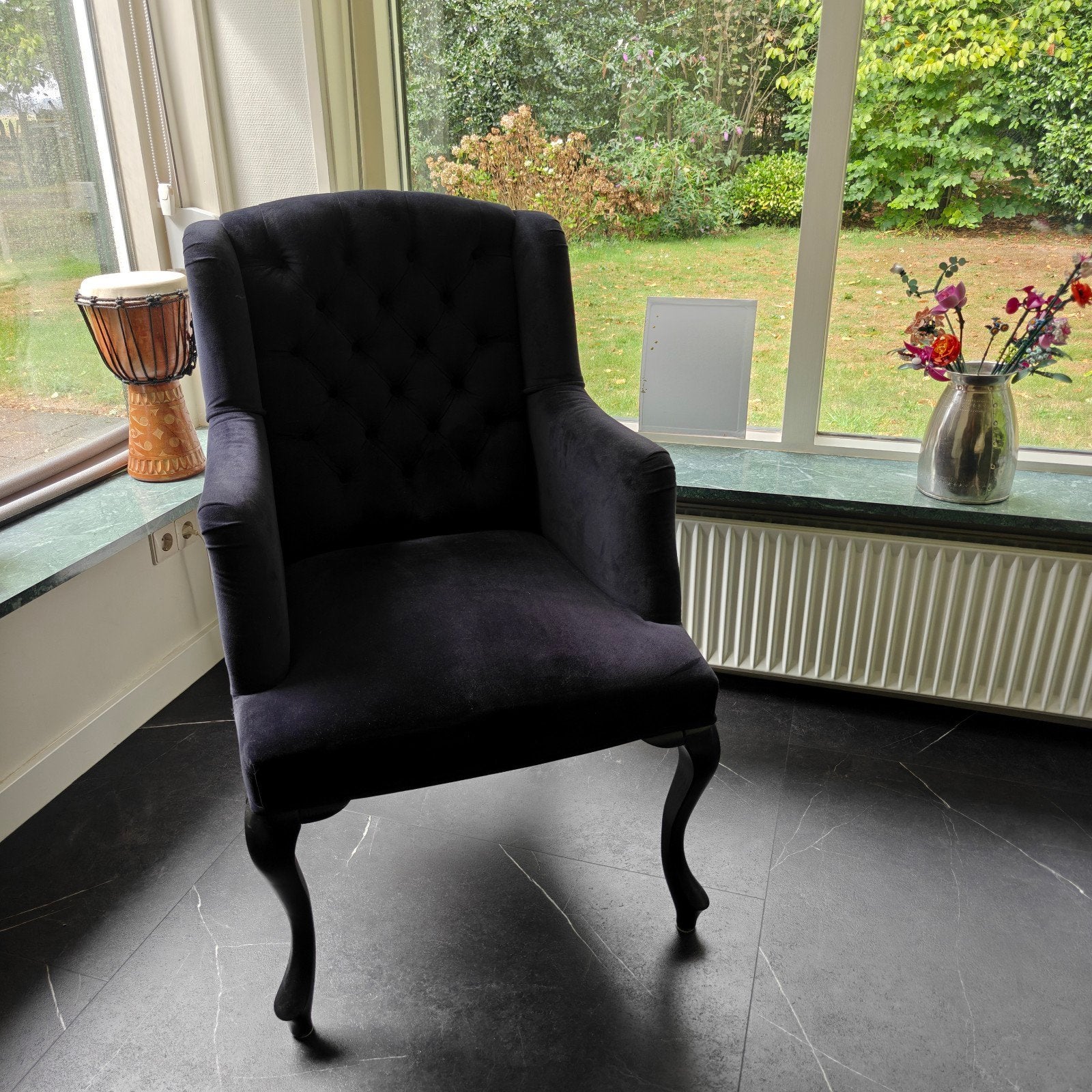landelijke fauteuils donker blauw velours, Ophalen, 75 tot 100 cm, Zo goed als nieuw, 50 tot 75 cm