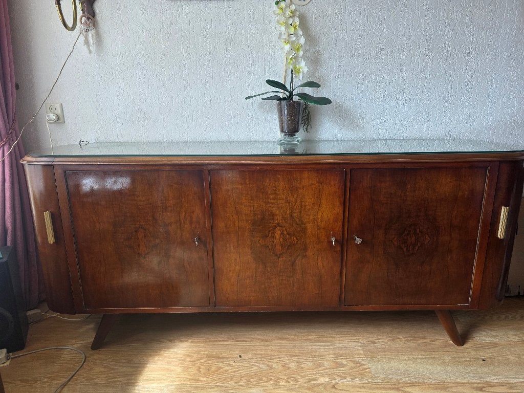 Vintage dressoir met glazen blad - Jaren '60 stijl, Huis en Inrichting, Kasten | Dressoirs, Ophalen, Met deur(en), Glas, 150 tot 200 cm