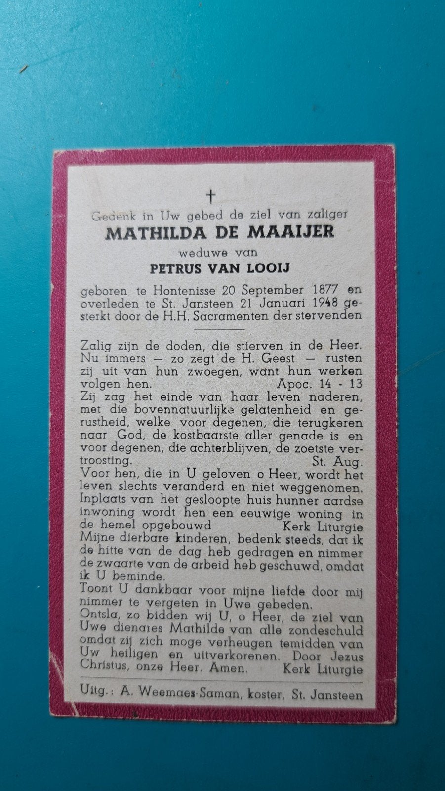 Mathilda de Maaijer, Hontenisse 1877, + St Jansteen 1948, Verzenden, Bidprentje