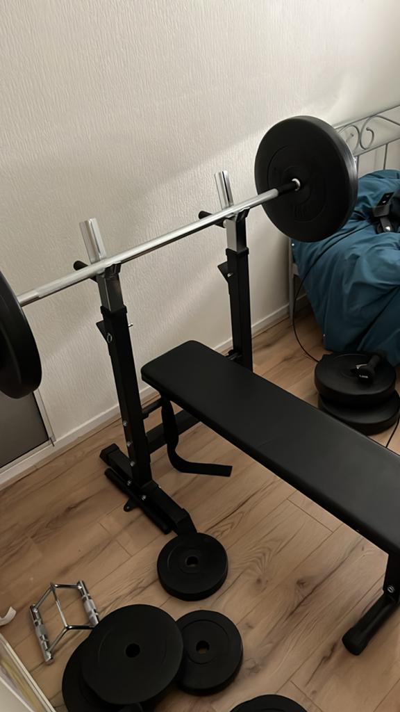Complete Fitness Set: Bankdrukbank, Halters & Gewichten, Sport en Fitness, Fitnessmaterialen, Gebruikt, Fitnessbank, Armen, Ophalen
