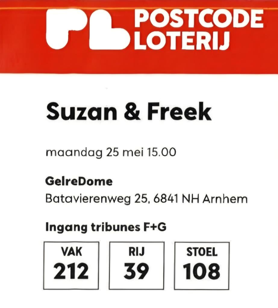 1 x (zitplaats zilver) Suzan & Freek: 25 Mei - Gelredome, Tickets en Kaartjes, Concerten | Nederlandstalig, Eén persoon, Mei, Overige typen