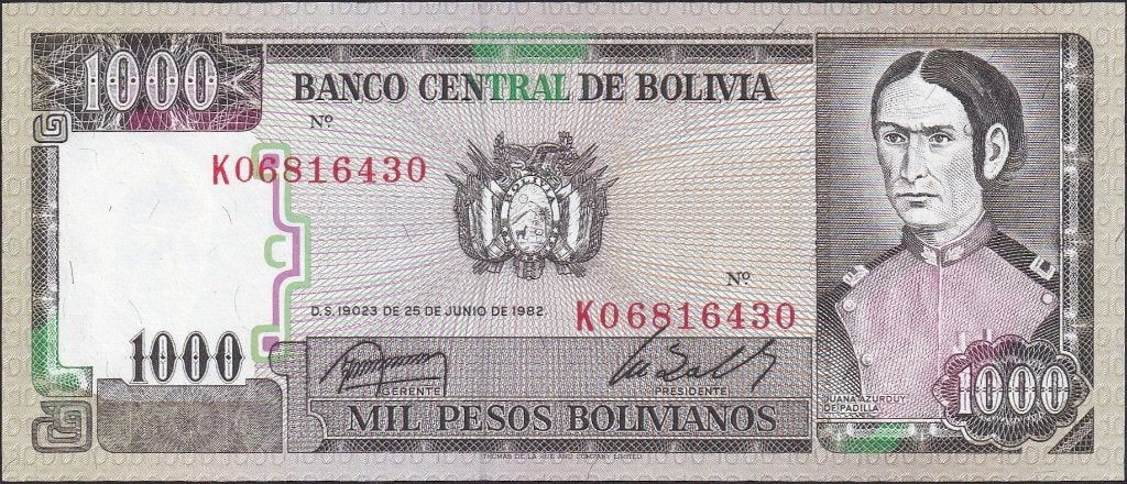 Bolivia 1000 bolivianos 1982 UNC p.167a(3) (# 1302), Postzegels en Munten, Bankbiljetten | Amerika, Verzenden, Zuid-Amerika, Los biljet