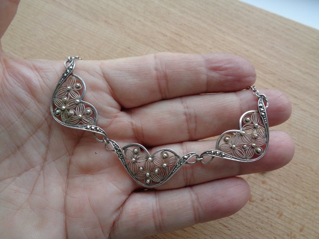 zilveren filigrain ketting met makasiet [518], Verzenden, Zo goed als nieuw, Met kristal, Zilver