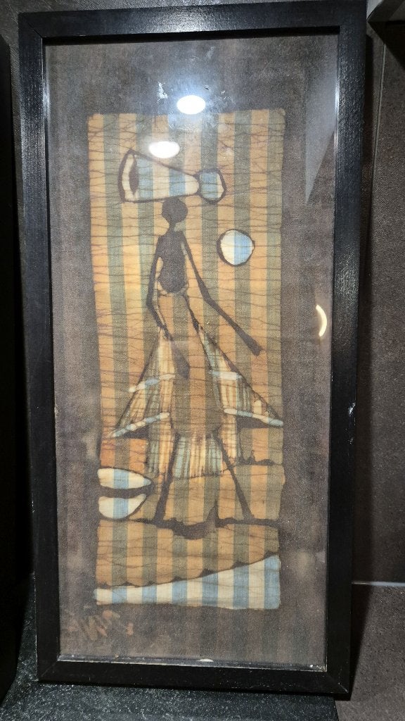 Batik schilderij, ingelijst, Waterdrager blauw, 53x26. 5B14, Ophalen of Verzenden