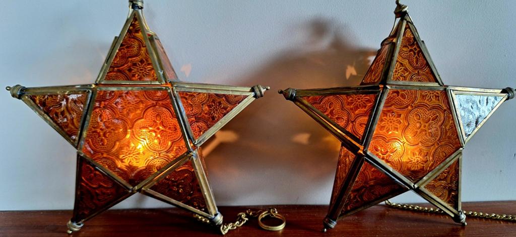Set van 2 oriëntaalse Stervormige waxinelicht  - Amber Glas, Antiek en Kunst, Ophalen of Verzenden