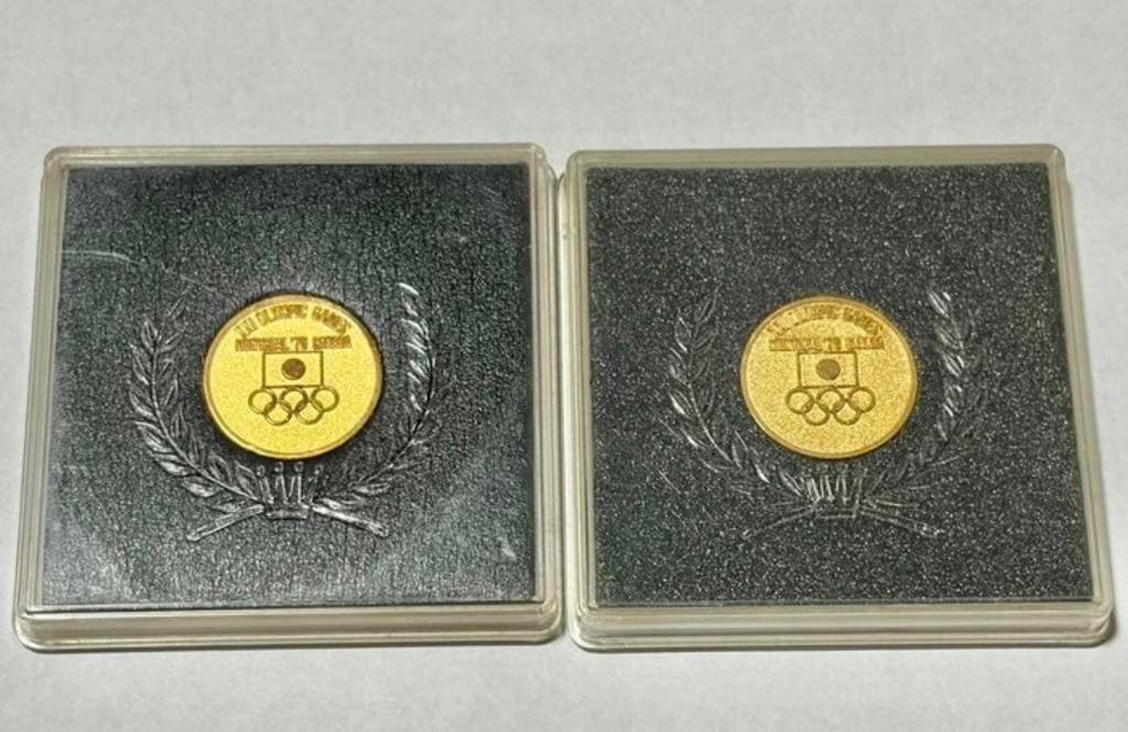 2x Olympische Spelen Montreal 1976 herdenkingsmuntjes, Postzegels en Munten, Penningen en Medailles, Ophalen of Verzenden, Goud