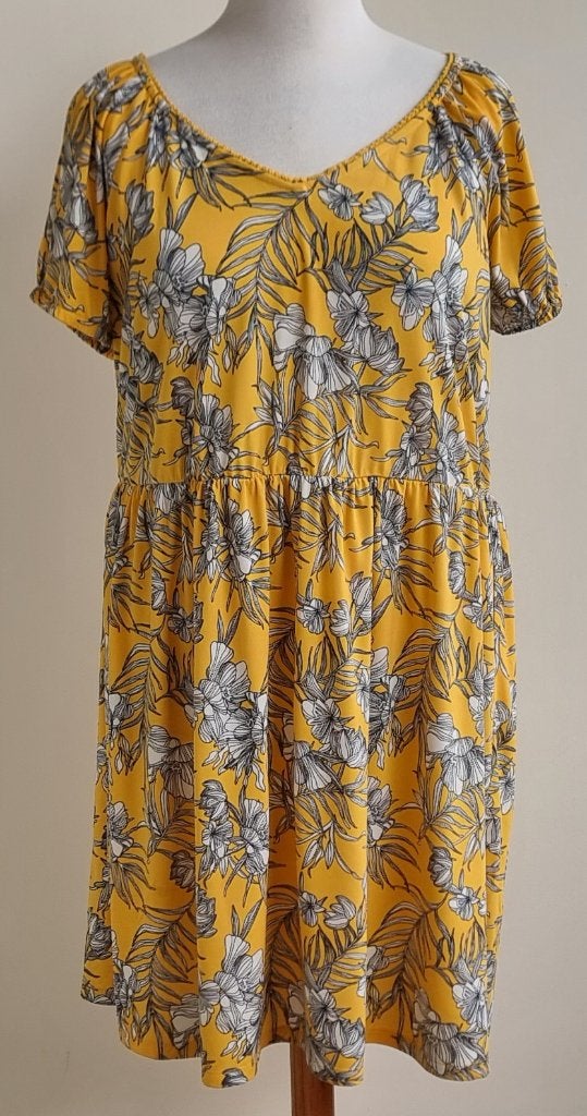 LH gele jurk met zwart/witte print mt. XL, Geel, Maat 46/48 (XL) of groter, Ophalen of Verzenden, Zo goed als nieuw