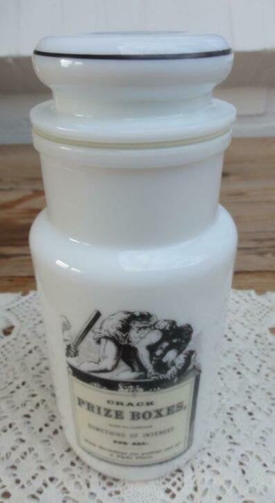 Vintage pot, zwarte afbeelding & tekst: Crack Prize Boxes, Ophalen of Verzenden