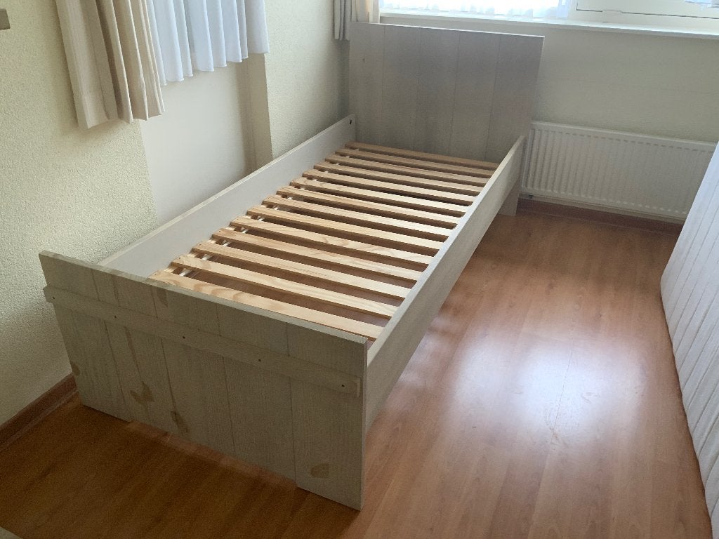 Eenpersoons bed steigerhoutlook, greywash, voor tienerkamer, Ophalen, 90 cm, Eenpersoons, 210 cm