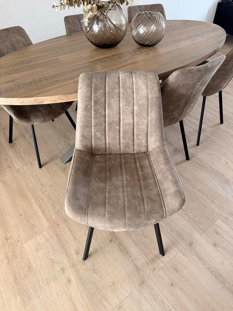 6 eetkamerstoelen van Pronto, zo goed als nieuw, Huis en Inrichting, Stoelen, Ophalen, Bruin, Zo goed als nieuw, Stof