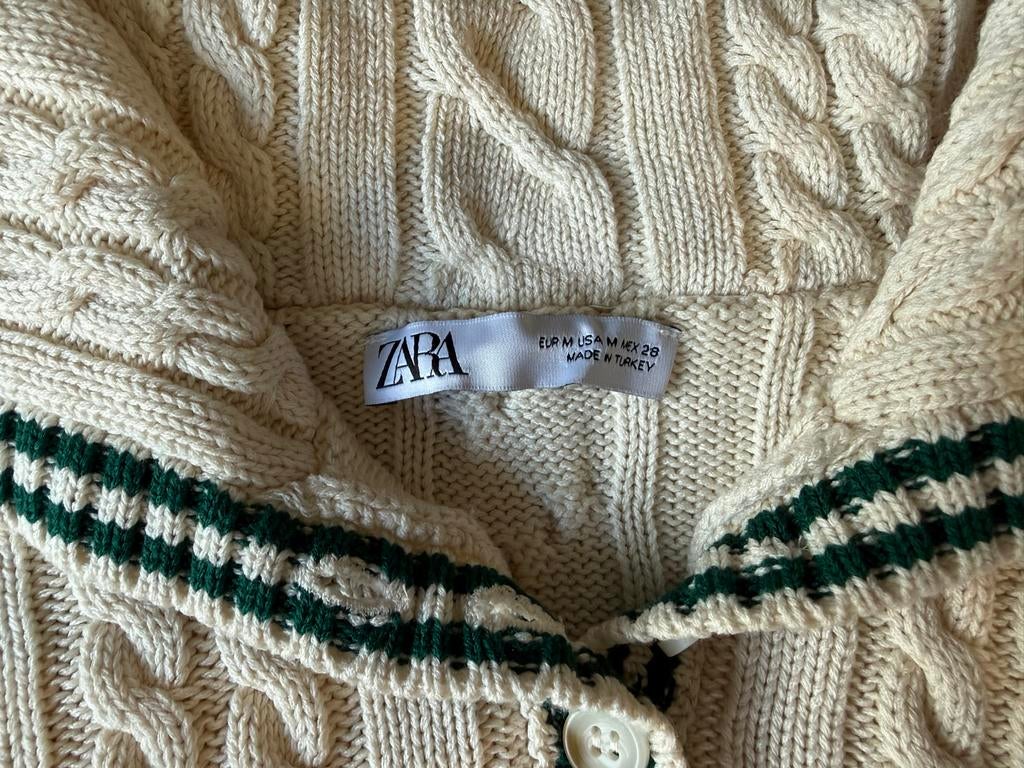 Zara kabelgebreide trui - Crème met groene strepen, Ophalen of Verzenden, Zo goed als nieuw, Maat 38/40 (M), Overige kleuren