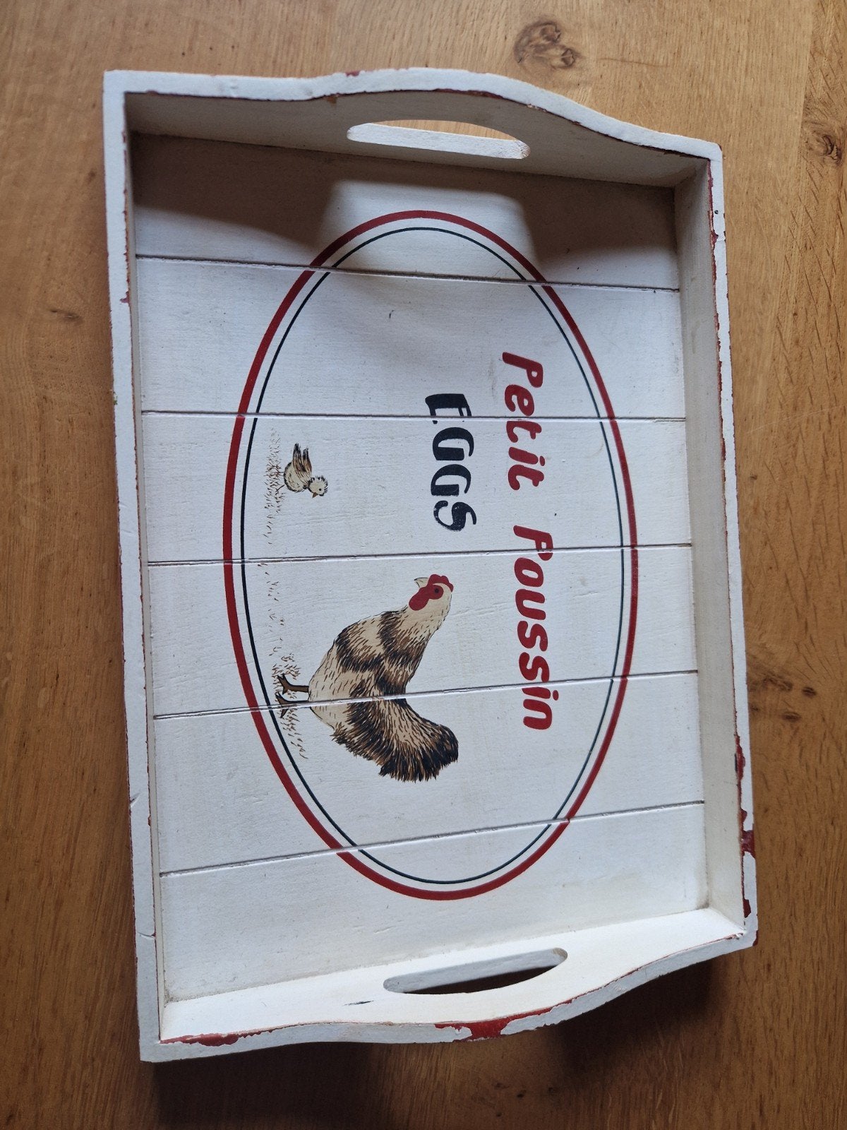 Landelijk Houten Dienblad 🐓  met Haan Decoratie - Petit Pou, Gebruikt, Ophalen of Verzenden, Dienblad, Met afbeelding/tekst