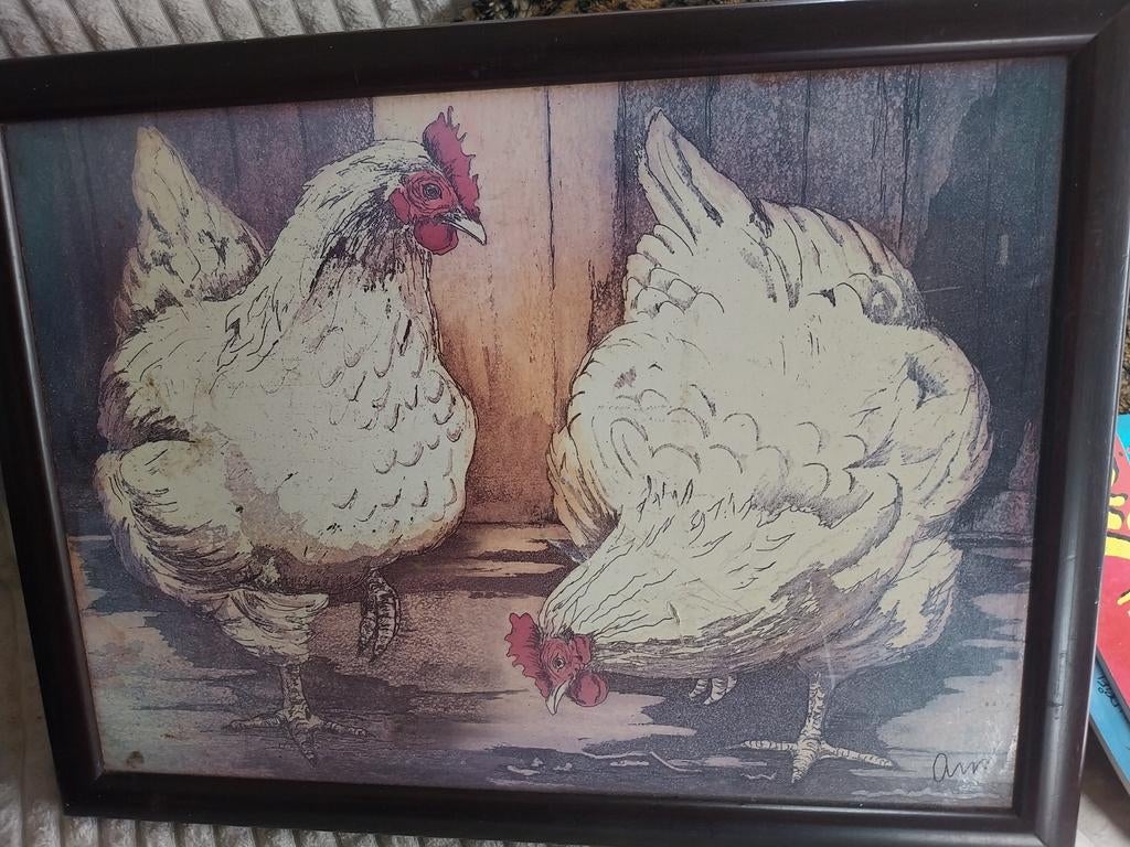 Schilderij met kippen - Leuk voor op schoot of aan de muur, Minder dan 50 cm, Gebruikt, Ophalen of Verzenden, Schilderij