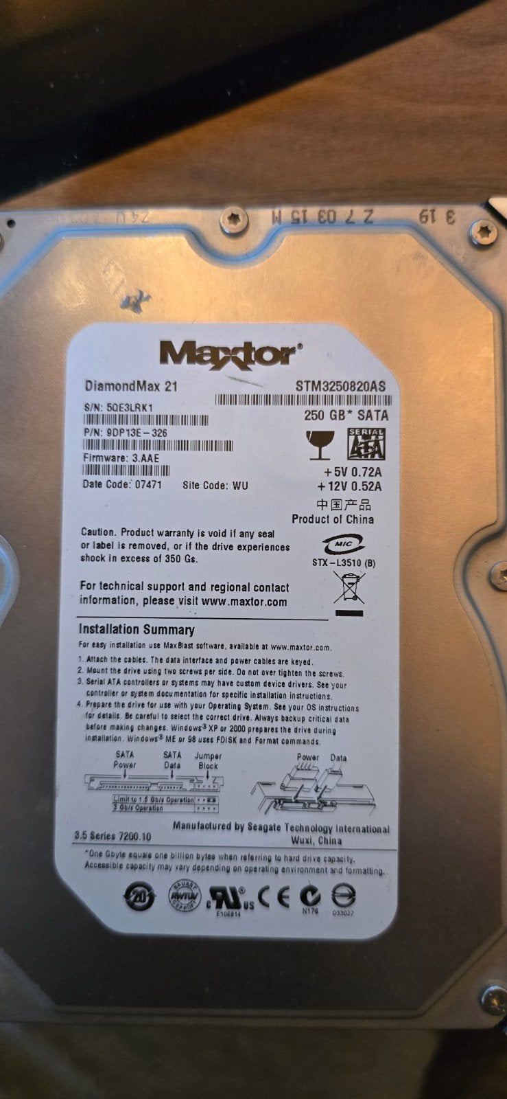 Maxtor DiamondMax 21 250 GB SATA Harde Schijf, Computers en Software, Harde schijven, Maxtor, Intern, Gebruikt, Server