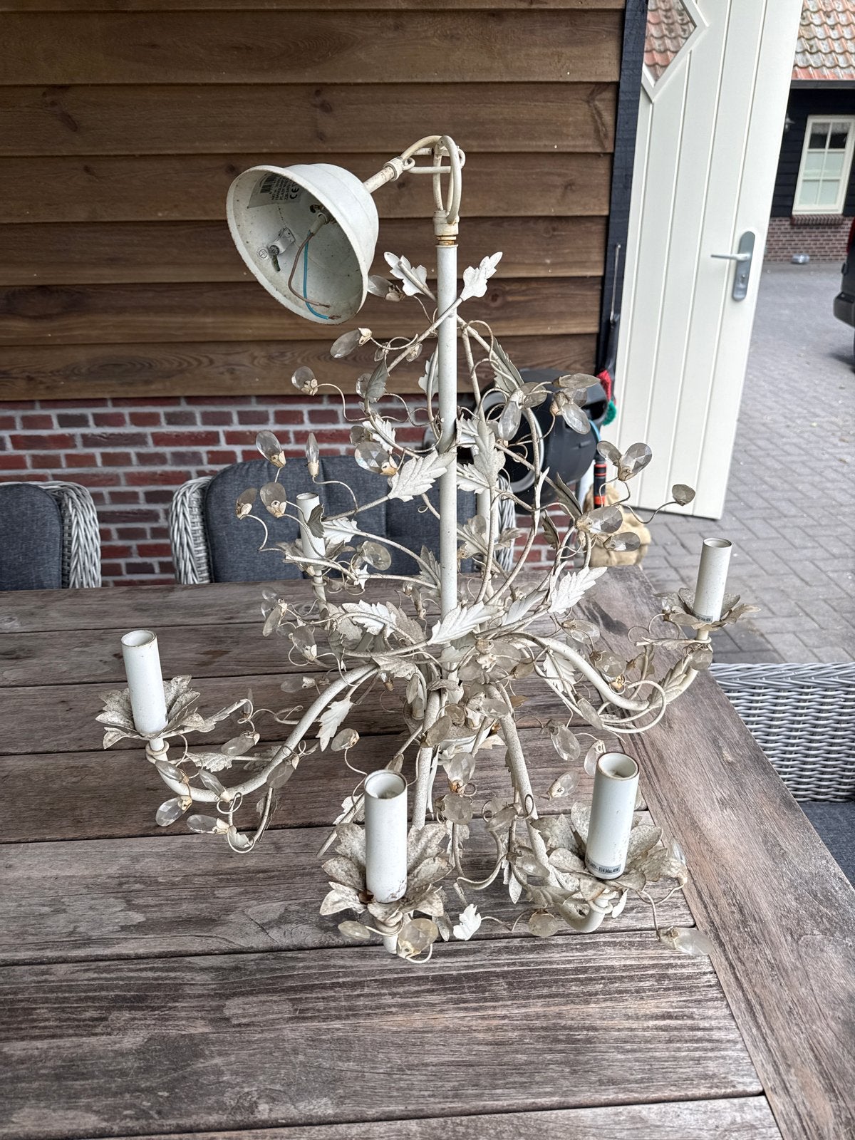 Vintage Kroonluchter met Bladeren en Kristallen, Ophalen, Gebruikt, Metaal