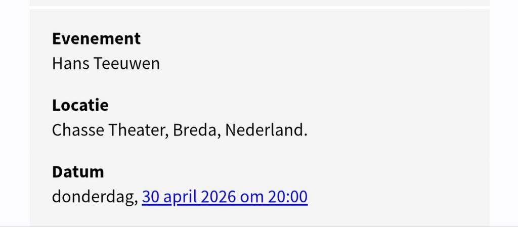 2 kaarten voor hans teeuwen voor 30 april, Twee personen, April