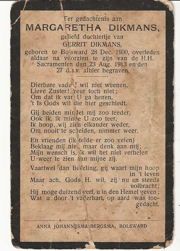 Margaretha Dikmans * 1900 Bolsward + 1913 Bolsward, Verzamelen, Ophalen