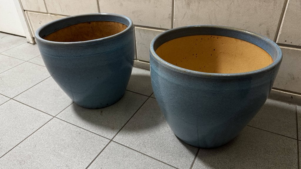 grote plantenpot, blauw glazuur, 1 exemplaar, Ophalen, Steen, Minder dan 60 cm, Rond